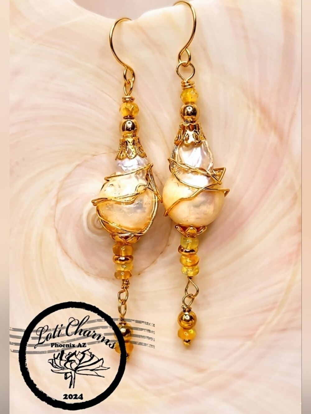 Dazzling Natural Yellow Fire Opal &  Wired Large Baroque Pearl In Long Earrings